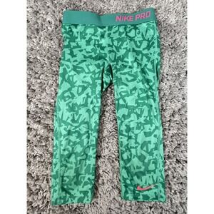 Nike‎ Pro Girls Green Athletic Leggings Size Medium M Cropped 641642-347
